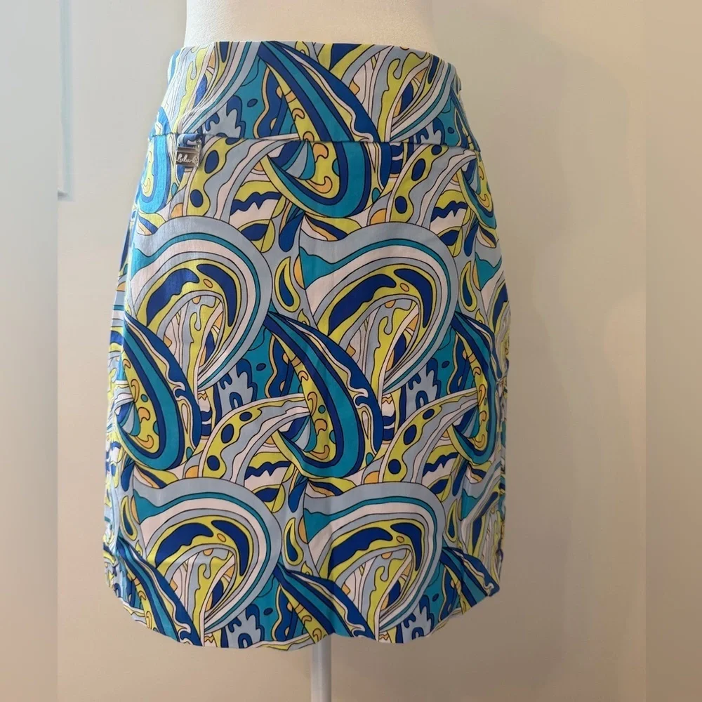 Lulu-B Size 4 Blue & Yellow Psychedelic Print Skort | Golf Resort Stretch Skirt